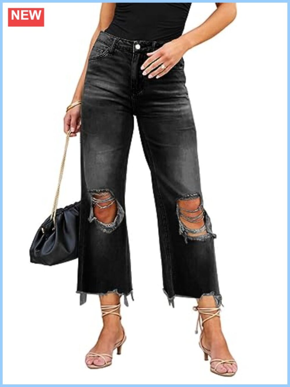 High Waisted Ripped Flare Jeans Semi Stretch Denim Casual Pants